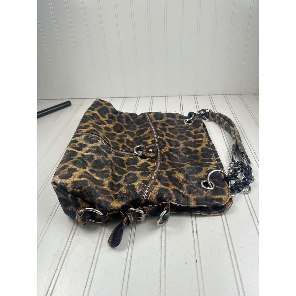 Leopard Print Slouchy Punk Grunge Edgy Vintage Y2K Chain Strap Shoulder Bag - Picture 8 of 13